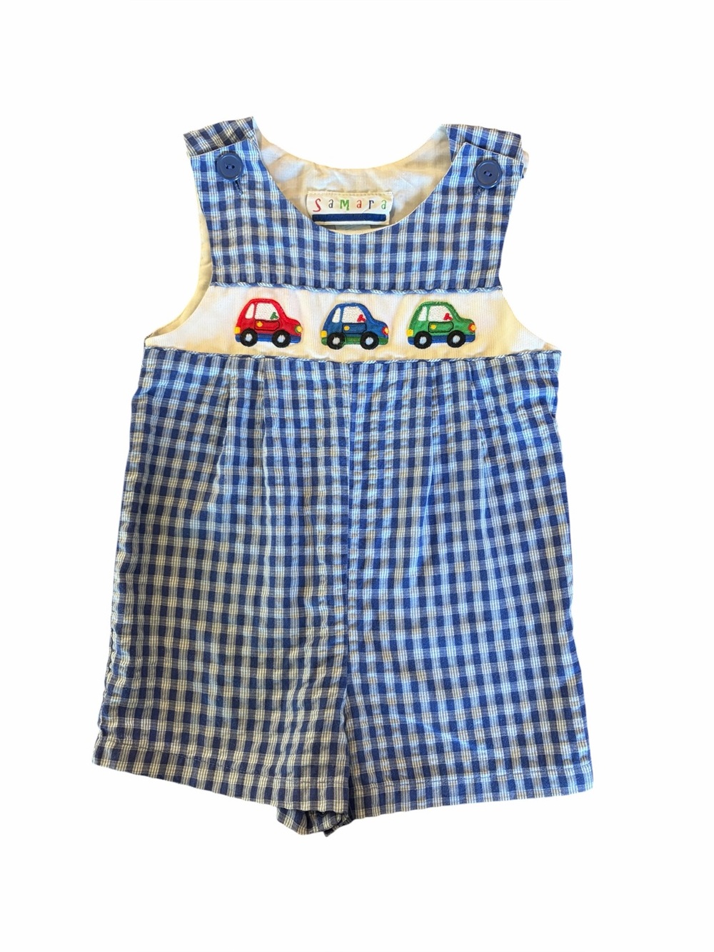 Vintage Samara Baby Boy Blue Gingham Car Smocked Romper